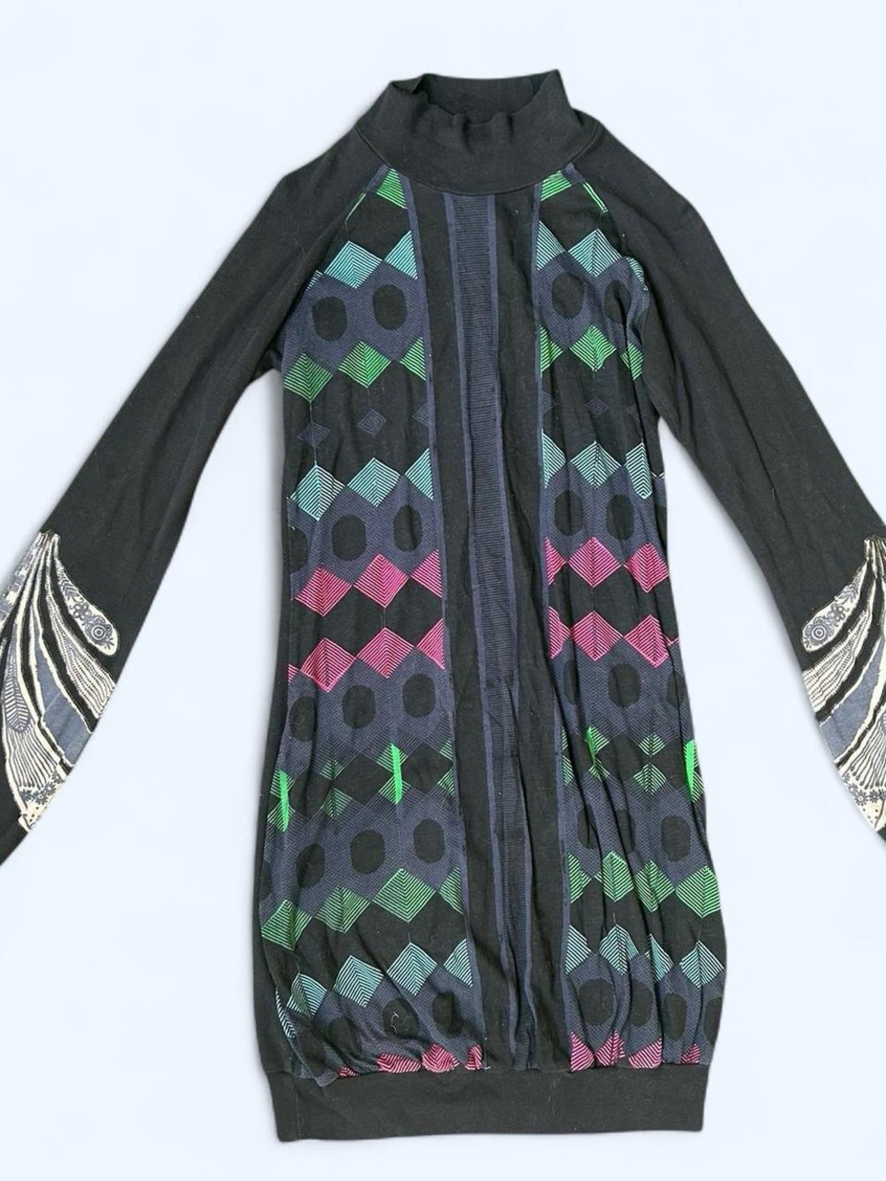 CUSTO BARCELONABlack Geometric Pattern Long Sleeve Tunic with Multicolor Accents